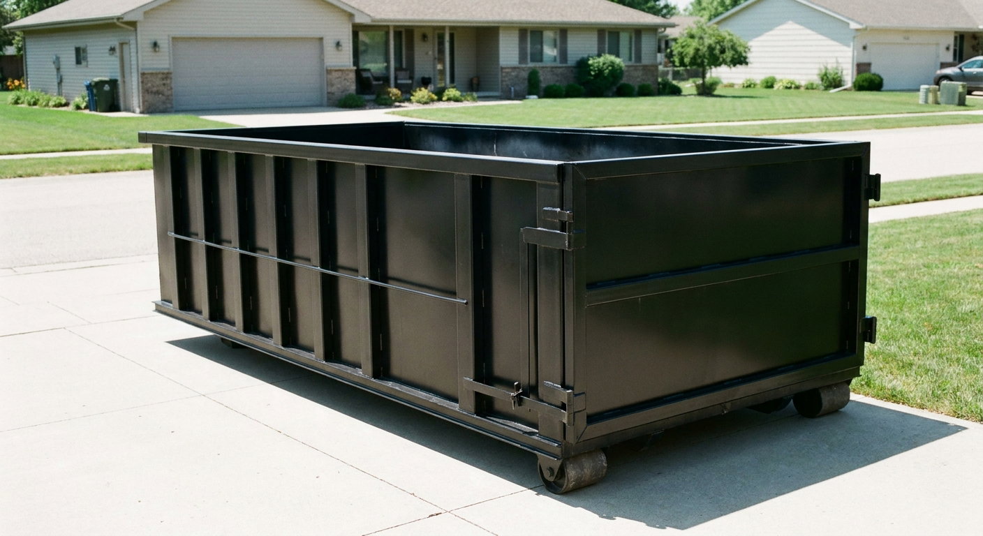 Matte-black 10-yard roll-off dumpster on a residential concrete driveway in South Bend, uniformly painted matte black across every panel and rail, ribbed steel sidewalls and rear swing door visible, mid-day daylight.