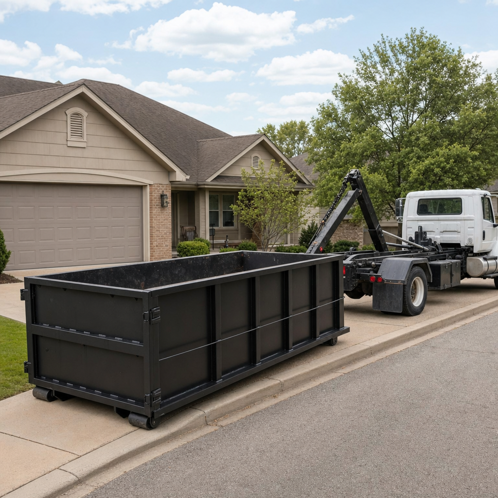 Wide documentary shot of a matte-black roll-off dumpster on a South Bend residential driveway in the foreground and a contractor jobsite container in the soft-focus background, bright daylight, calm and orderly composition.