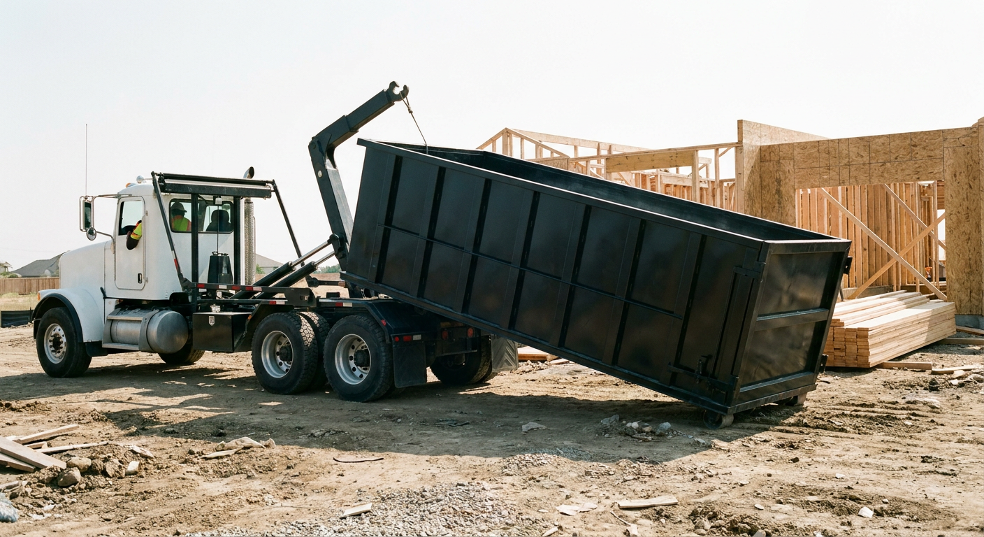 Matte-black roll-off dumpster being delivered onto a clean residential concrete driveway in South Bend by an unmarked white hooklift hauler truck, bright morning daylight, documentary 35mm perspective.